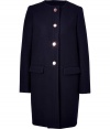 Immaculately tailored with a distinctly Parisian feel, C?dric Charliers sleek navy coat is an elegant choice for sophisticated ladylike looks - Collarless, long sleeves, button-down front, flap pockets - Tailored fit, slightly tapered hemline - Team with printed silk scarves and flawless leather accessories