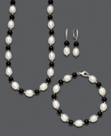 Show your true colors in contrasting style. This chic, jewelry set features a necklace, bracelet and pair of earrings that all highlight cultured freshwater pearls (7-8 mm) and bold onyx gemstones (52 ct. t.w.) in an alternating pattern. Set in sterling silver. Approximate necklace length: 18 inches. Approximate bracelet length: 7-1/2 inches. Approximate earring drop: 2 inches. Show your true colors in contrasting style. This chic, jewelry set features a necklace, bracelet and pair of earrings that all highlight cultured freshwater pearls (7-8 mm) and bold onyx gemstones (52 ct. t.w.) in an alternating pattern. Set in sterling silver. Approximate necklace length: 18 inches. Approximate bracelet length: 7-1/2 inches. Approximate earring drop: 2 inches.