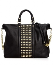 Channel your inner rocker-chic with this standout style from Steve Madden. Shiny, golden studs and chain-link detailing add edgy glam to the outside, while the ultra-roomy interior stashes everything from concert tickets to stilettos. Channel your inner rocker-chic with this standout style from Steve Madden. Shiny, golden studs and chain-link detailing add edgy glam to the outside, while the ultra-roomy interior stashes everything from concert tickets to stilettos.