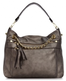 Add some metallic mojo to your purse portfolio with this slouchy-chic design from Steve Madden. Outfitted with chain-link detailing and tassel accents, it boasts a pocket-lined interior for your everyday must-haves. Add some metallic mojo to your purse portfolio with this slouchy-chic design from Steve Madden. Outfitted with chain-link detailing and tassel accents, it boasts a pocket-lined interior for your everyday must-haves.