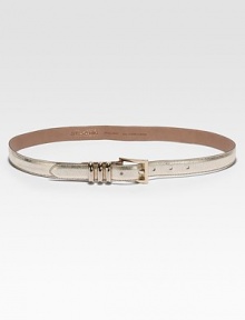Metallic leather in a slender style, fastened with a goldtone buckle.About 1 wideLeatherMade in Italy Metallic leather in a slender style, fastened with a goldtone buckle.About 1 wideLeatherMade in Italy