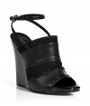 Classic with an edgy twist, these Proenza Schouler wedge sandals bring new-season flair to your look -Peep-toe, mixed leather and cotton front panels, ankle strap with buckle closure, high wedge heel - Style with a pencil skirt, a button down blouse, and a bold shoulder blazer