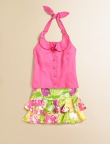 This chic knit will brighten up any ensemble with feminine ruffles and button detail.Ruffled halterneck ties at backSleevelessPullover style with back elasticPrincess seamsCottonMachine washImported This chic knit will brighten up any ensemble with feminine ruffles and button detail.Ruffled halterneck ties at backSleevelessPullover style with back elasticPrincess seamsCottonMachine washImported