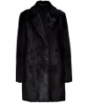 Ultra-luxurious formal coat of fine, black goat hair in classic Jil Sander timelessness - Features a narrow silhouette with a double button row,  moderately deep lapel, comfortable thigh length and long sleeves - Versatile coat is perfect for business with a pants suit, pencil skirt or even to dress up jeans