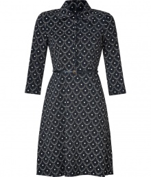 Pretty work looks get a modern-vintage finish with Hoss Intropias black and almond dot printed dress, sweetly tailored with a belted waistline for an ultra flattering fit - Cutaway collar, 3/4 sleeves, covered buttoned front, fitted top - Pair with pumps and brightly tinted accessories