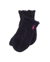 A warm and breathable cotton mitten is knit with a classic cabled stitch and finished with an embroidered pony on one cuff.