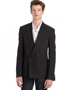 THE LOOKNotched lapel with raw trimPadded shouldersWelt pocket at chestButton closureLong sleeves with concealed button cuffs and raw trimFlap pocketsVented back hemInner welt pocketsTHE FITAbout 28 from shoulder to hemTHE MATERIAL79% wool/13% polyamide/8% metallic fibersCARE & ORIGINDry cleanMade in Italy THE LOOKNotched lapel with raw trimPadded shouldersWelt pocket at chestButton closureLong sleeves with concealed button cuffs and raw trimFlap pocketsVented back hemInner welt pocketsTHE FITAbout 28 from shoulder to hemTHE MATERIAL79% wool/13% polyamide/8% metallic fibersCARE & ORIGINDry cleanMade in Italy