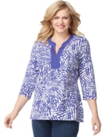 Get a casually chic look with Charter Club's three-quarter sleeve plus size tunic top, featuring a vibrant print-- it's an Everyday Value! Get a casually chic look with Charter Club's three-quarter sleeve plus size tunic top, featuring a vibrant print-- it's an Everyday Value!