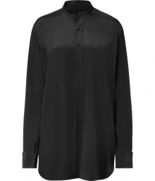 Stylish top in fine black silk - Stylish tunic look, slim, straight and beautifully long - With a small stand collar, half placket and long sleeves - Casual, yet stylish alternative to a classic blouse - Casual AND comfortable - Extremely versatile, suitable for the office and leisure - A hit combination for business trousers, jeans, and a midi skirt - Makes a sexy silhouette with a belt at your waist Stylish top in fine black silk - Stylish tunic look, slim, straight and beautifully long - With a small stand collar, half placket and long sleeves - Casual, yet stylish alternative to a classic blouse - Casual AND comfortable - Extremely versatile, suitable for the office and leisure - A hit combination for business trousers, jeans, and a midi skirt - Makes a sexy silhouette with a belt at your waist