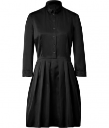 Channel retro-inspired ladylike style in this lavish silk dress from Jil Sander Navy - Small spread collar, three-quarter sleeves, front button half placket, fitted bodice, full pleated swing skirt - Wear with a cropped cardigan, peep-toe pumps, and a satchel