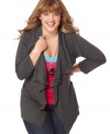 Add a stylish layer to your look with ING's three-quarter sleeve plus size cardigan, featuring a draped front.