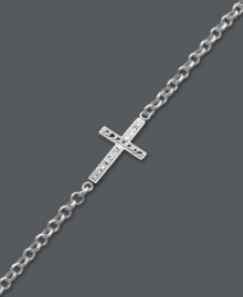 A modern update on the traditional cross. Studio Silver adds a simple twist by turning a symbolic cross charm on its side. Crafted in sterling silver with sparkling crystal accents and rhodium plating to prevent tarnishing. Approximate length: 7-1/2 inches. A modern update on the traditional cross. Studio Silver adds a simple twist by turning a symbolic cross charm on its side. Crafted in sterling silver with sparkling crystal accents and rhodium plating to prevent tarnishing. Approximate length: 7-1/2 inches.
