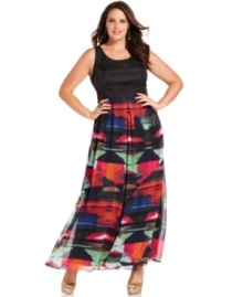 A graphic print adds a sensational splash of color to this stylish plus size dress from Jessica Simpson. Use drop earrings and your highest heels to amp up the look for an unforgettable night.