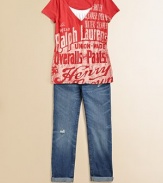 A cool layered look is created with a printed V-neck tee worn over a lace-trimmed tank.T-Shirt: V-neck and short sleeves Tank Top: Scoop neck with lace trim, ruching, and spaghetti straps Tee and tank can be worn separately Cotton Machine wash Imported