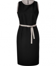 Elegant sheath dress made ..of fine, black cotton - Silver-gray piping and waist belt with bow detail - Slim silhouette falls to knee-length hem - Round neckline and sleeveless - Conservative lines - Perfect for business, chic daytime events and parties - Pair with strapped heels or peep-toe heels to perfect the look Elegant sheath dress made ..of fine, black cotton - Silver-gray piping and waist belt with bow detail - Slim silhouette falls to knee-length hem - Round neckline and sleeveless - Conservative lines - Perfect for business, chic daytime events and parties - Pair with strapped heels or peep-toe heels to perfect the look