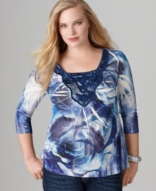 Lace trim lends romantic flair to Style&co.'s three-quarter sleeve plus size top, flaunting a sublimated print. (Clearance)