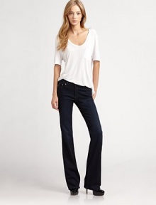 Dark wash five-pocket denim in a sexy bootcut silhouette.THE FITFitted through hips and thighsRise, about 7¼Inseam, about 34THE DETAILSZip flyFive-pocket styleSignature stitch back pockets69% rayon/29% cotton/2% polyurethaneMachine washMade in USA of imported fabric Dark wash five-pocket denim in a sexy bootcut silhouette.THE FITFitted through hips and thighsRise, about 7¼Inseam, about 34THE DETAILSZip flyFive-pocket styleSignature stitch back pockets69% rayon/29% cotton/2% polyurethaneMachine washMade in USA of imported fabric