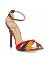 Candy-colored suede straps amp up the style factor of these ultra-luxe sandals - Primary colored front straps, contrasting ankle strap and stiletto heel- Wear with knee socks, an A-line dress, and a boyfriend cardigan