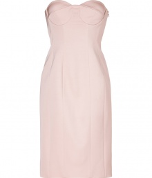 Minimalist and fantastically feminine, this engineered bustier dress is an incredibly chic take on the modern Jil Sander look - Princess neckline, strapless, corset-inspired bustier bodice with padded underwire cups, hidden side zip - Sharply tailored bodice, straight seamed skirt - Wear with sky-high heels and a soft-hued clutch