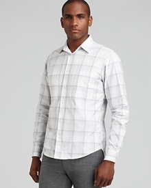 A light plaid print brings subtle texture to this sleek, slim fit button down from Theory. A light plaid print brings subtle texture to this sleek, slim fit button down from Theory.