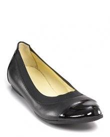 Classic leather ballet flats with a patent captoe and elastic trim for a secure fit.