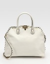 Polished pyramid studs give this sturdy leather satchel a contemporary edge.Double top handles, 4½ dropFlap lock closureProtective metal feetOne inside zip pocketTwo inside open pocketsCotton lining13¼W X 11H X 5½DMade in Italy