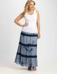 An instant charmer, this tie-dye skirt is perfectly complemented by bohemian crochet and a pretty, ruffle hem.Elasticized waistbandAllover printCrochet trimRuffle hemAbout 41 longCottonHand washImported