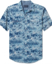 Add some sunny style to your wardrobe with this American Rag printed button down. Add some sunny style to your wardrobe with this American Rag printed button down.