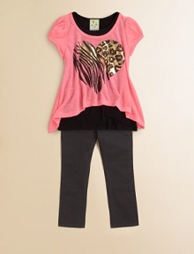 Metallic animal heart graphic and rhinestone appliqués help this hi-lo cap sleeve tee evoke your little one's inner rock princess.Ruched cap sleevesHi-lo hemSolid underlay95% rayon/5% spandexHand washMade in USA of imported fabric Metallic animal heart graphic and rhinestone appliqués help this hi-lo cap sleeve tee evoke your little one's inner rock princess.Ruched cap sleevesHi-lo hemSolid underlay95% rayon/5% spandexHand washMade in USA of imported fabric