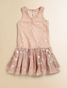 This airy, tulle shell frock owes its fancy edge to allover, bejeweled polka dots.ScoopneckSleevelessKeyhole back closurePullover styleFull skirtLining: Cotton Overlay: PolyesterMachine washImported This airy, tulle shell frock owes its fancy edge to allover, bejeweled polka dots.ScoopneckSleevelessKeyhole back closurePullover styleFull skirtLining: Cotton Overlay: PolyesterMachine washImported