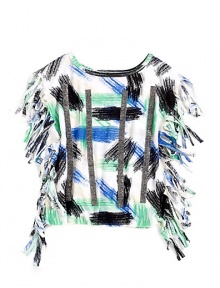 THE LOOKAllover abstract print with rhinestone stripe detailing in frontFringe trim along sidesPullover styleTHE MATERIALBody: 97% polyester/3% spandexSecond fabric: polyesterCARE & ORIGINMachine washMade in USA THE LOOKAllover abstract print with rhinestone stripe detailing in frontFringe trim along sidesPullover styleTHE MATERIALBody: 97% polyester/3% spandexSecond fabric: polyesterCARE & ORIGINMachine washMade in USA