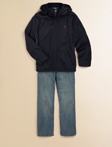 An essential windbreaker in crisp, water-repellent microfiber is updated with a stowable hood for season-spanning protection against the elements.Hood rolls and stows in a zipped vent at the back of the mockneck collarLong sleeves with button cuffsZip frontSlanted welt pocketsFully linedPolyester with polyester and cotton liningMachine washImported An essential windbreaker in crisp, water-repellent microfiber is updated with a stowable hood for season-spanning protection against the elements.Hood rolls and stows in a zipped vent at the back of the mockneck collarLong sleeves with button cuffsZip frontSlanted welt pocketsFully linedPolyester with polyester and cotton liningMachine washImported