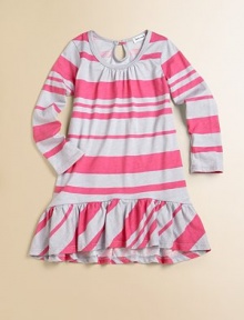 Spirited stripes on soft knit, simply styled with a straight shape and a feminine wide ruffle at the hem.Scoop neckline with center gathersLong sleevesStraight shapeKeyhole button back closeRuffled hem50% cotton/50% micro modalMachine washImported