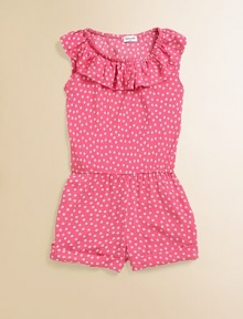 Dainty ruffles and pretty polka dots come together on this soft, vivid one-piece to create a knockout ensemble.Ruffled elastic necklineSleevelessPull-on styleElastic waistRayonMachine washImported Dainty ruffles and pretty polka dots come together on this soft, vivid one-piece to create a knockout ensemble.Ruffled elastic necklineSleevelessPull-on styleElastic waistRayonMachine washImported