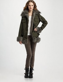 Military-inspired cargo pockets and plush faux-fur accent this chic cold-weather necessity. Detachable faux-fur collar Button front Front patch pockets Long sleeves with zipper detail Faux-fur cuffs and hem Detachable lining About 28 from shoulder to hem Faux fur: 85% acrylic/15% polyester Cotton shell and fill Hand wash Imported Military-inspired cargo pockets and plush faux-fur accent this chic cold-weather necessity. Detachable faux-fur collar Button front Front patch pockets Long sleeves with zipper detail Faux-fur cuffs and hem Detachable lining About 28 from shoulder to hem Faux fur: 85% acrylic/15% polyester Cotton shell and fill Hand wash Imported