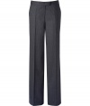 Luxurious trousers in dark grey wool stretch - Fine pin stripes - New elegant silhouette with straight legs and figure-flattering creases - Moderately high rise - A classic AND fashionable look that works great for the office, leisure and evening - Looks mature, serious and dressed up - A basic piece to wear with blouses, tops, cardigans