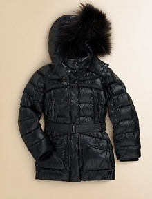 This sleek nylon puffer with fabulous fur trim will surely keep out the chills.Snap-off hood with fur trimStand collarQuilted alloverConcealed zip and snap frontLong sleeves with rib-knit cuffsFront slash and flap pocketsBelted waistFully linedShell: polyamideFill: goose downTrim: dyed Asiatic raccoon furDry cleanImportedFur origin: Finland Please note: Number of snaps may vary depending on size ordered. This sleek nylon puffer with fabulous fur trim will surely keep out the chills.Snap-off hood with fur trimStand collarQuilted alloverConcealed zip and snap frontLong sleeves with rib-knit cuffsFront slash and flap pocketsBelted waistFully linedShell: polyamideFill: goose downTrim: dyed Asiatic raccoon furDry cleanImportedFur origin: Finland Please note: Number of snaps may vary depending on size ordered.