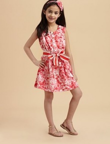 This essential, warm-weather-ready frock is blooming with a bold floral print and striped belt for a pretty, A-line ensemble.ScoopneckSleevelessButtonfrontFront patch pocketBelted waistbandPolyesterMachine washImported Please note: Number of buttons may vary depending on size ordered. 