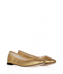 Bring the bling in these bold silver ballet flats from Repetto - Classic ballet flat styling, front bow detail, leather sole, low heel, shiny gold metallic leather - Pair with a full skirt and a tie-front top or a frilly mini dress