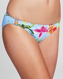 Hit print with this bold, floral swimsuit from Tommy Bahama. A hipster cut and side detailing ensure this piece is as flattering as it is stylish. Hit print with this bold, floral swimsuit from Tommy Bahama. A hipster cut and side detailing ensure this piece is as flattering as it is stylish.