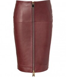 Tough goes luxe with this supple zipper-detailed leather pencil skirt from Hakaan - Classic pencil silhouette, slash pocket, front two-way exposed zip closure, seaming details, fitted - Wear with a luxe pullover or silk blouse and platform pumps Tough goes luxe with this supple zipper-detailed leather pencil skirt from Hakaan - Classic pencil silhouette, slash pocket, front two-way exposed zip closure, seaming details, fitted - Wear with a luxe pullover or silk blouse and platform pumps