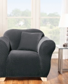 Fresh. Modern. Versatile. Featuring an allover geometric oval pattern, the Stretch Stone chair slipcover from Sure Fit gives your furniture a contemporary look, instantly! Ultrasoft stretch fabric is designed to cover hard-to-fit pieces with ease. Fresh. Modern. Versatile. Featuring an allover geometric oval pattern, the Stretch Stone chair slipcover from Sure Fit gives your furniture a contemporary look, instantly! Ultrasoft stretch fabric is designed to cover hard-to-fit pieces with ease.