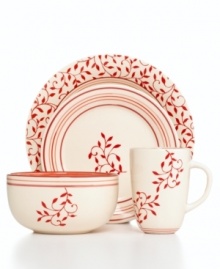 The winding, stenciled vines and brushed reds of Abby Hill dinnerware cater casual tables with handcrafted charm. Glazed stoneware in basic shapes crafted by Tabletops Unlimited provides the perfect foundation for everyday meals. The winding, stenciled vines and brushed reds of Abby Hill dinnerware cater casual tables with handcrafted charm. Glazed stoneware in basic shapes crafted by Tabletops Unlimited provides the perfect foundation for everyday meals.