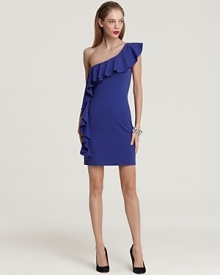 This potently hued Susana Monaco one-shoulder dress flaunts a lush, playful ruffle for party perfection. This potently hued Susana Monaco one-shoulder dress flaunts a lush, playful ruffle for party perfection.