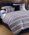 Snug stripes. This Sun Valley comforter set from Tommy Hilfiger features textured blue and ivory horizontal stripes with red and tan accents for homespun charm. Reverses to solid.