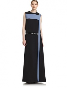 THE LOOKJewel necklineVertical and horizontal color bandsCenter patent trimZip closure on one shoulderFront and back panels, open on one sideTHE FITAbout 59 from shoulder to hemTHE MATERIALWoolCARE & ORIGINDry cleanMade in ItalyModel shown is 5'10 (177cm) wearing US size 4. 