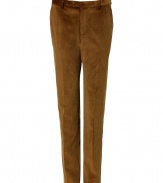 Channel the sophisticated side of the 1970s in these luxe corduroy trousers from Etro - Flat front, belt loops, off-seam pockets, back welt pockets with buttons, creasing at legs - Style with a matching blazer, a printed button down, and suede ankle boots