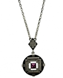 Timely fashion. T Tahari captures the spirit of the Art Deco era with this necklace, crafted from silver-tone mixed metal. The pendant has a fuchsia crystal accent offset by silver-tone metal on black enamel for a dazzling touch. Base metal is nickel-free for sensitive skin. Approximate length: 18 inches + 3-inch extender. Approximate drop: 2-1/4 inches. Timely fashion. T Tahari captures the spirit of the Art Deco era with this necklace, crafted from silver-tone mixed metal. The pendant has a fuchsia crystal accent offset by silver-tone metal on black enamel for a dazzling touch. Base metal is nickel-free for sensitive skin. Approximate length: 18 inches + 3-inch extender. Approximate drop: 2-1/4 inches.