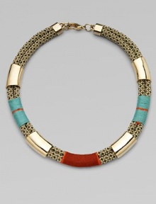 Thread-wrapped rope accented with shiny metal tubes for a colorful, tribal-inspired style. RopeThreadMetalLength, about 18Lobster clasp closureMade in USA Thread-wrapped rope accented with shiny metal tubes for a colorful, tribal-inspired style. RopeThreadMetalLength, about 18Lobster clasp closureMade in USA