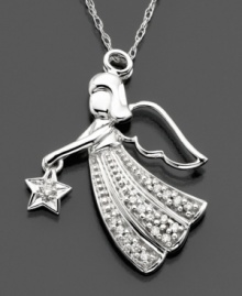 Angelic beauty: this artistic and sweet angel pendant features round-cut diamonds (1/10 ct. t.w.) set in 14k white gold. Approximate length: 18 inches. Approximate drop: 1 inch. Angelic beauty: this artistic and sweet angel pendant features round-cut diamonds (1/10 ct. t.w.) set in 14k white gold. Approximate length: 18 inches. Approximate drop: 1 inch.